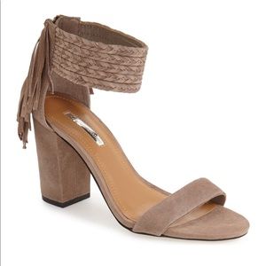 BCBGeneration tan suede calizi heel with fringe